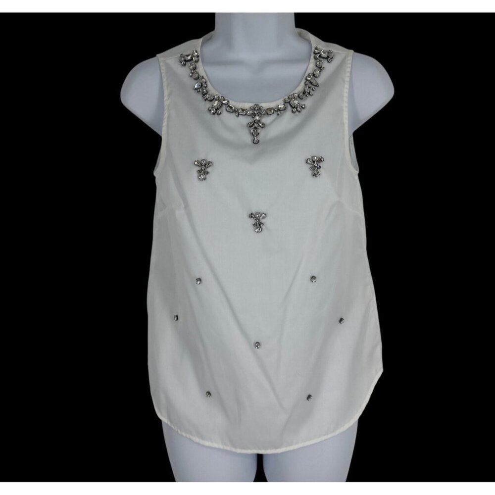 J.Crew Embellished White Sleeveless Button-Up Blouse Size 00 100% Cotton